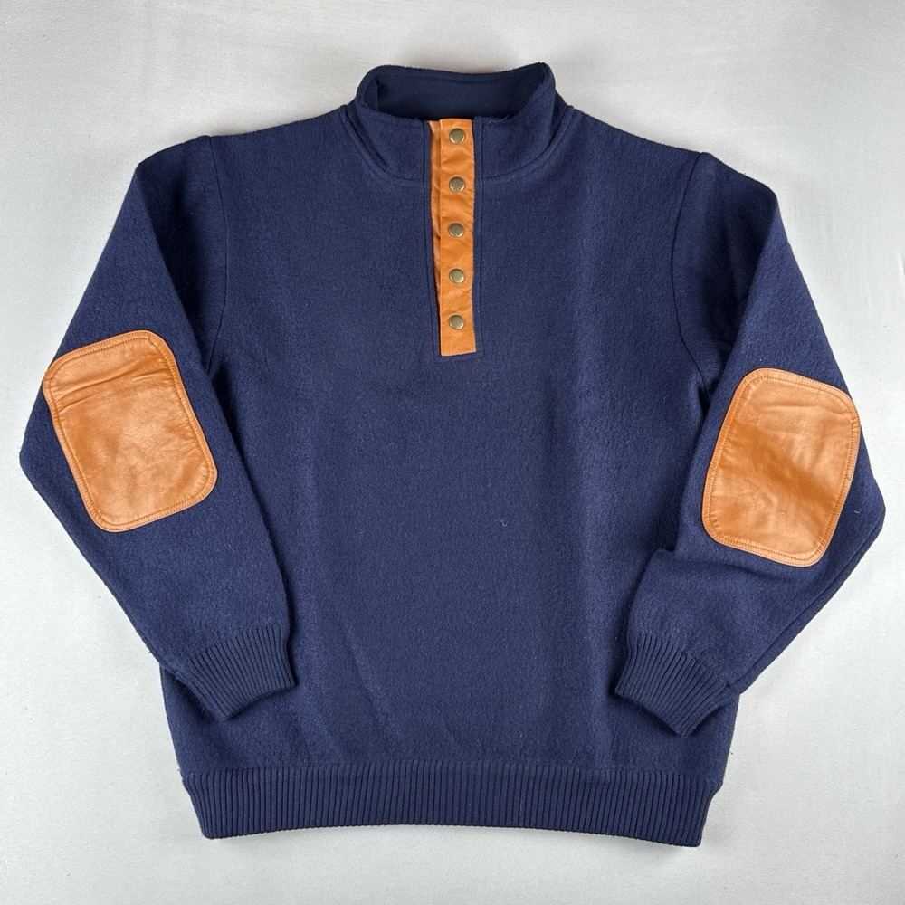 Orvis Merino Wool Sweater Mens M Navy Quarter Snap Pullover Leather Elbow